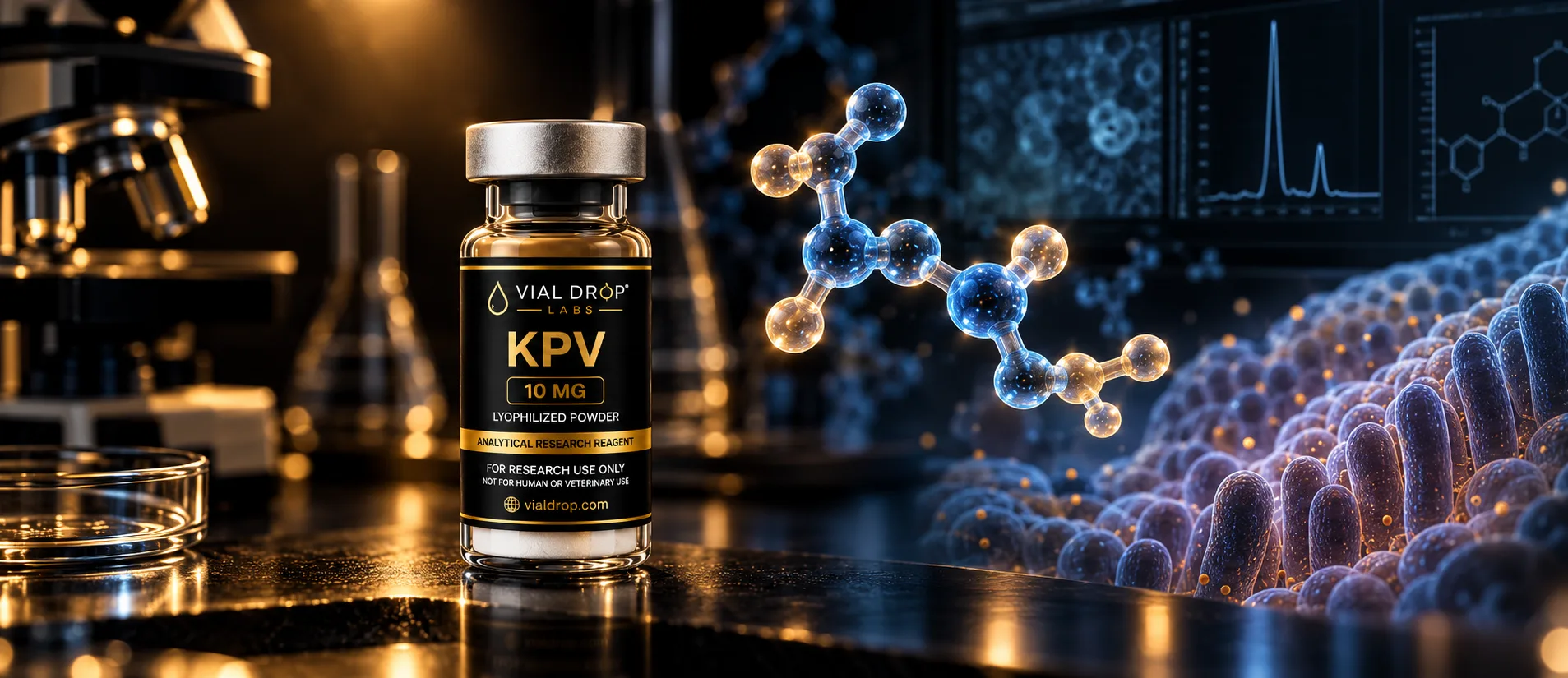 KPV 10 mg research vial with laboratory and molecular research imagery