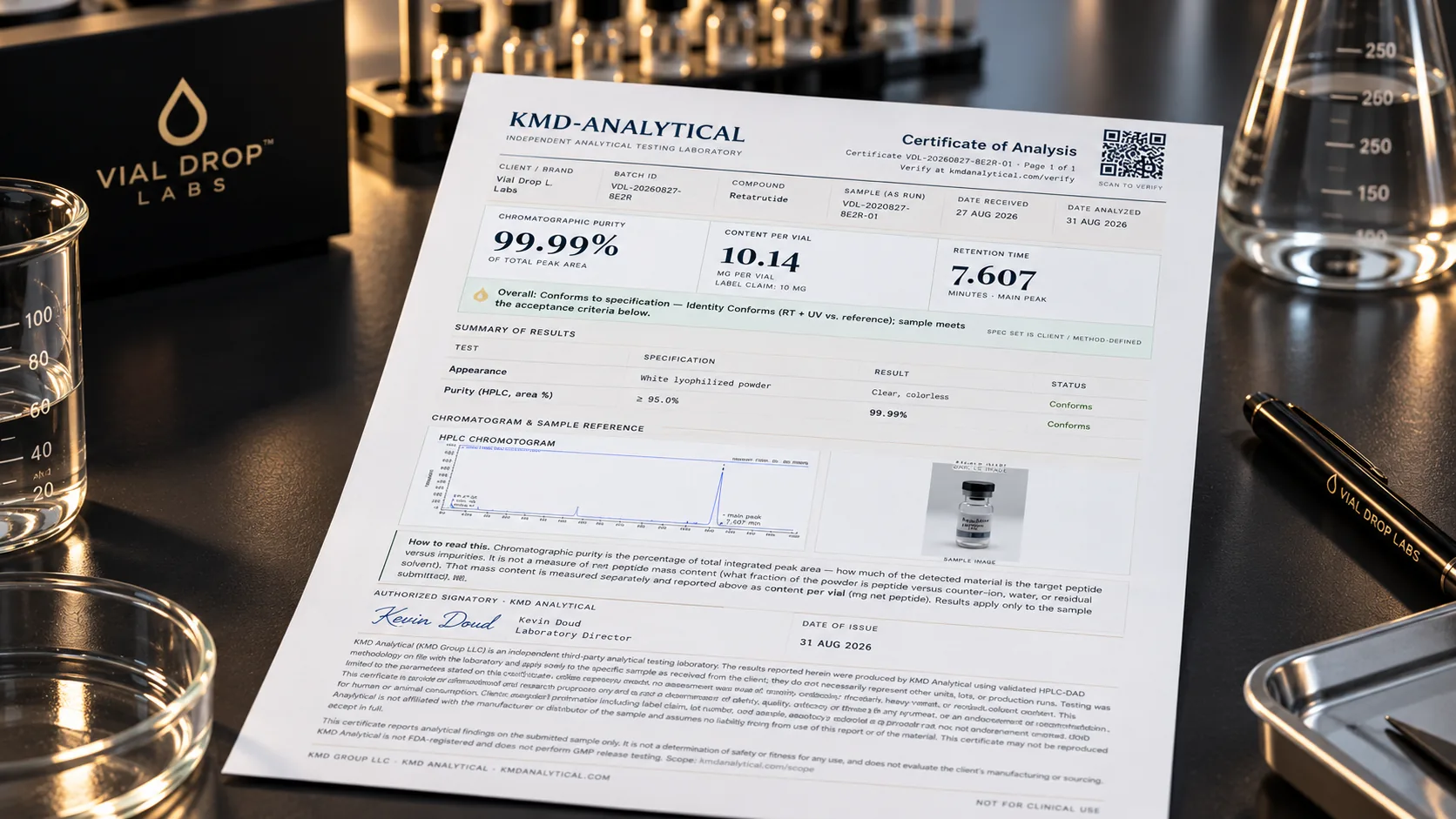 Peptide certificate of analysis and analytical testing documentation for Vial Drop Labs research compounds