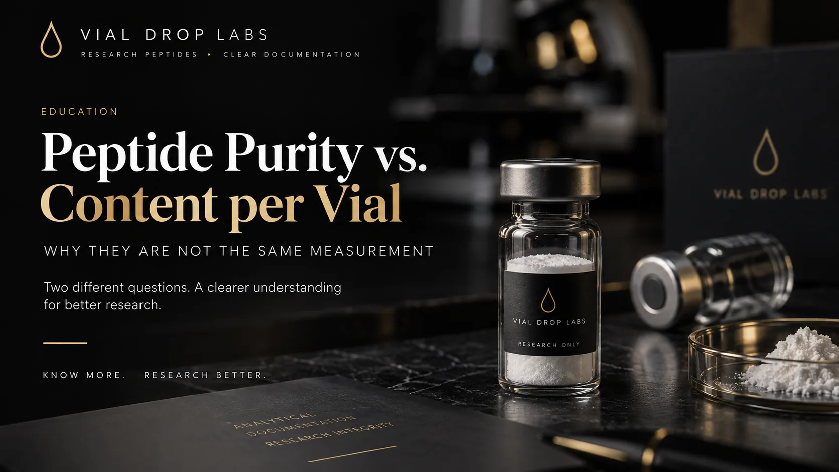 Peptide research vials representing the distinction between purity and quantitative content per vial