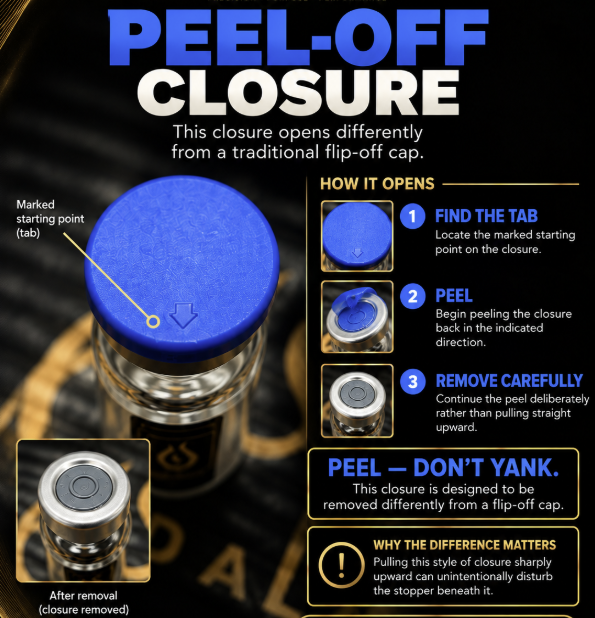Blue vial closure with marked starting point, and the same vial shown after removal.