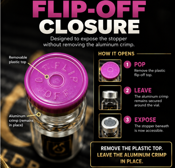 Pink vial closure visibly marked FLIP OFF, with the aluminum crimp below it.
