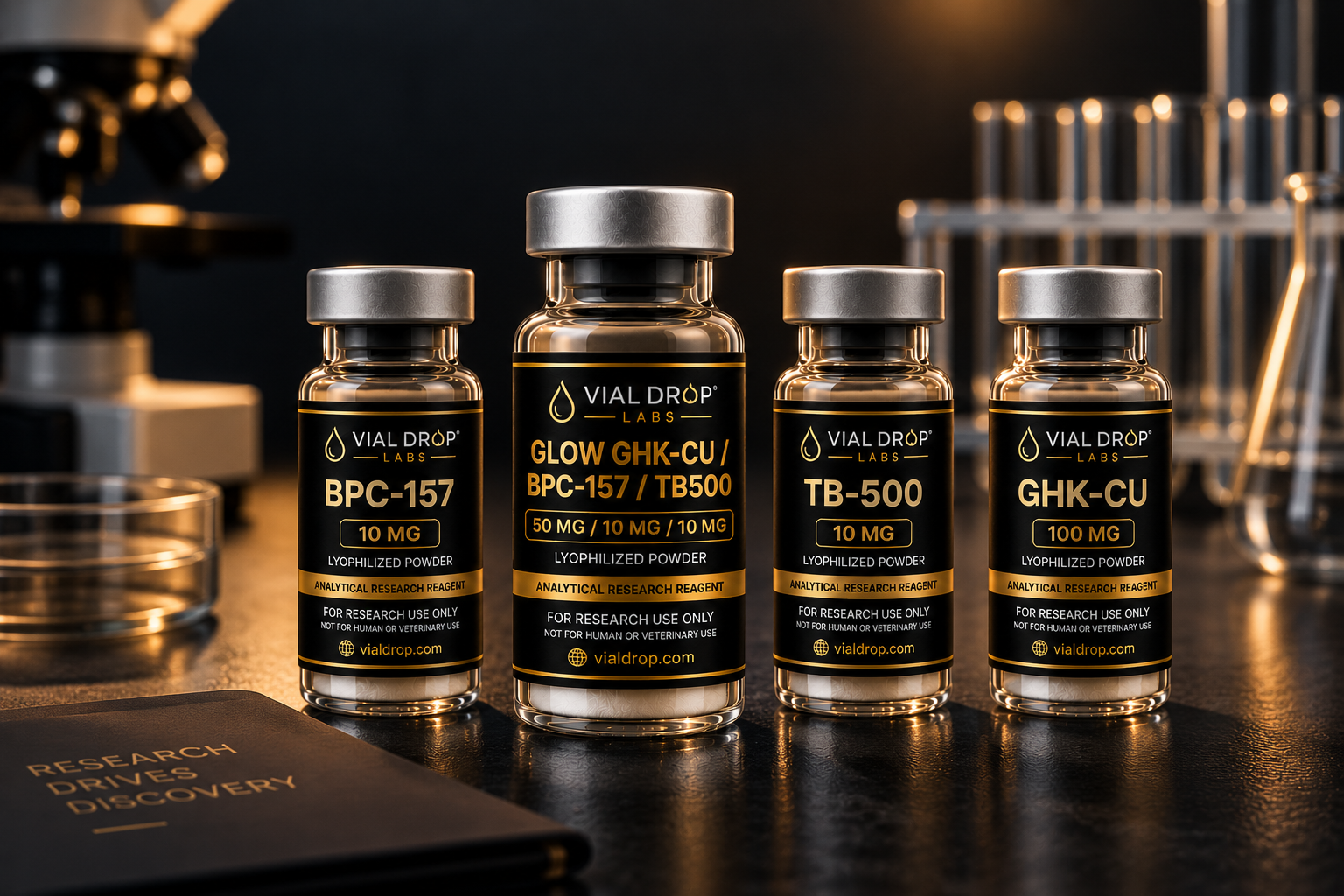 Four labeled Vial Drop Labs research vials for BPC-157, GLOW, TB-500, and GHK-Cu arranged on a laboratory bench.