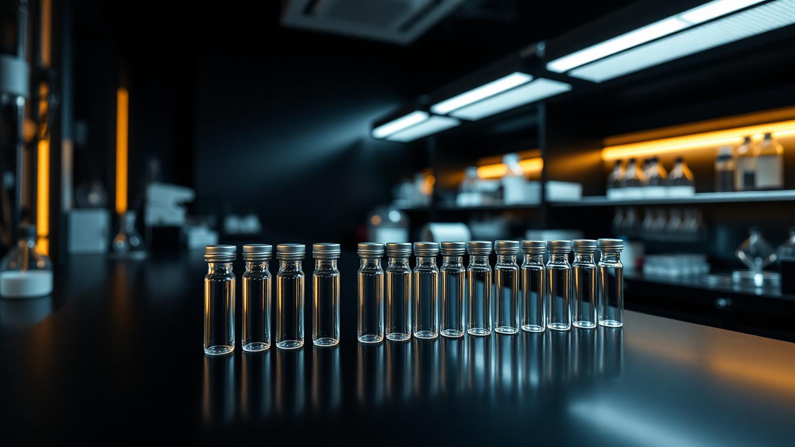 Vial Drop Labs laboratory — research vials arranged under analytical lighting